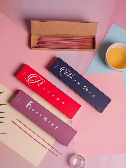 Our 'Passion', 'Warm Hug', and 'First Kiss' incense collections are made with unique fragrances and organic ingredients. They offer a moment of peace and reflection in your busy life.