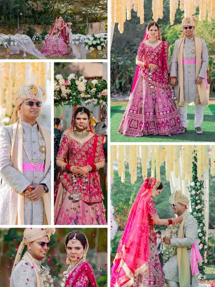 A comprehensive collage of a beautiful outdoor wedding, featuring portraits of the bride and groom, the Varmala ceremony, and the bride's entrance.