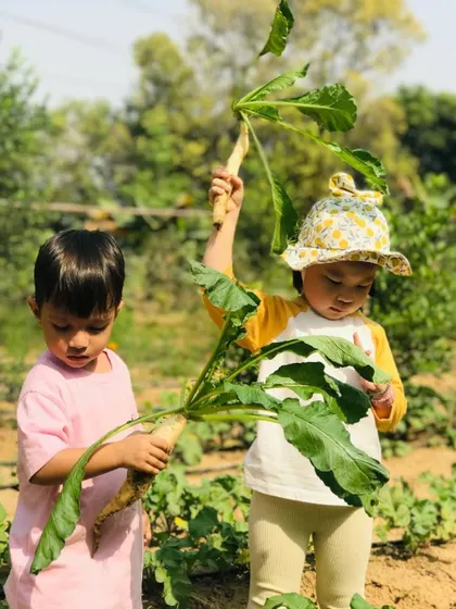 Two young children show off the giant radishes they've pulled from the ground. Their expressions of effort and pride are priceless.