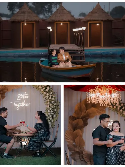 A collection of romantic themed sets, including a boat ride on our private lake, a "Better Together" neon sign setup, and an elegant indoor scene with a chandelier.