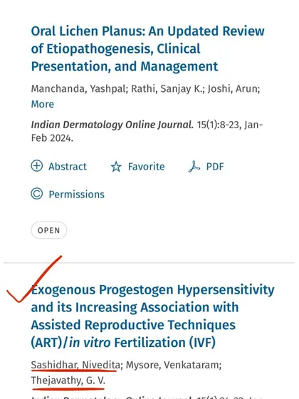 Highlighting my name as the first author in the IDOJ publication. This work focuses on a niche topic connecting dermatology and assisted reproductive techniques.