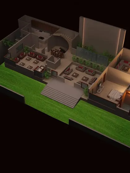 Another 3D floor plan for the Pathankot residence, this time showing the ground floor with its connection to the outdoor lawn area.