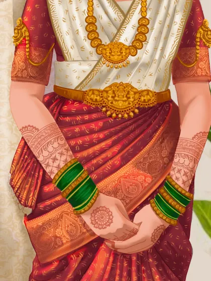 The detail in a bride's attire tells a story. I spent a lot of time illustrating the delicate mehndi, the texture of the silk saree, and the traditional gold jewelry for this custom wedding portrait.