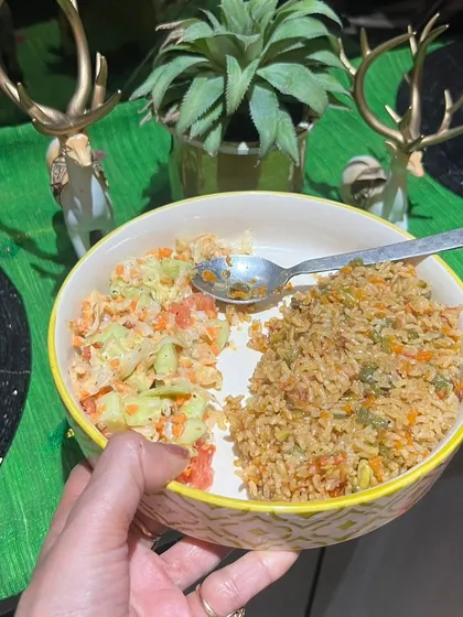 A satisfying bowl of vegetable pulao with a side of creamy raita. This meal was part of a plan that helped a client lose nearly 3 kgs in under two weeks.