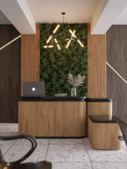 A render of a compact, modern reception desk. The design uses a combination of wood, a green wall, and unique lighting to make a strong statement in a small footprint.