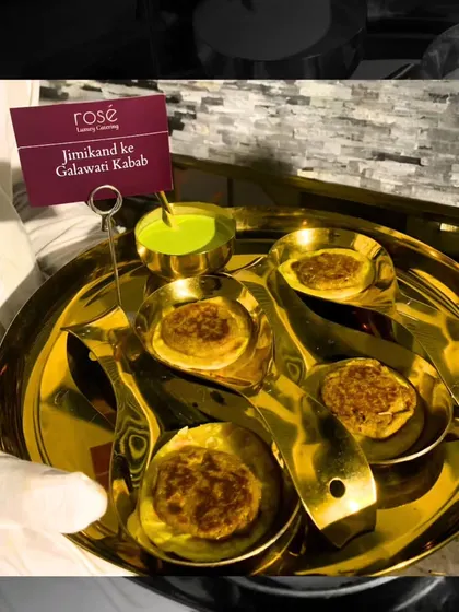 Our Jimikand ke Galawati Kabab, a vegetarian take on the classic Lucknowi kebab. These yam patties are spiced to perfection and have a melt-in-the-mouth texture, served elegantly in individual spoons.