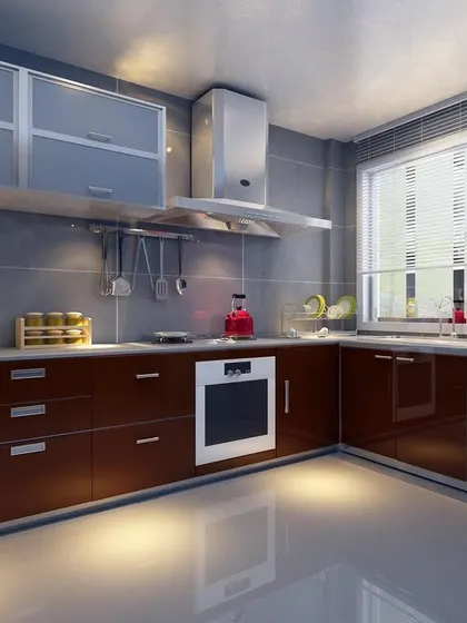 This L-shaped kitchen features rich, glossy brown base cabinets and frosted aluminum-profile upper cabinets. The design is simple, functional, and perfect for a compact space.