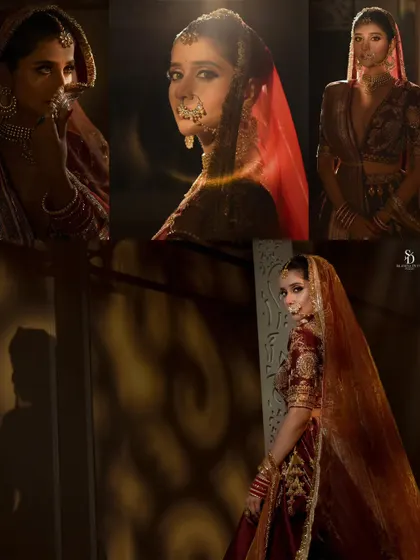 A collage showcasing different moods of a bride in a rich, red lehenga. I used dramatic lighting and shadows to create a cinematic feel, highlighting the intricate embroidery and the actress's expressive poses.