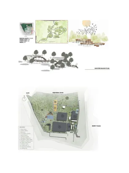 Site plans and conceptual diagrams for the "LONE LUNG SPACE" project. These drawings detail the layout of the proposed development in Bengaluru, balancing built structures with preserved green space.