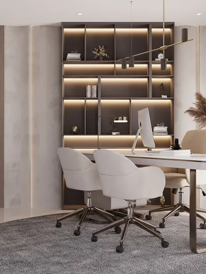 We designed this luxury home office to be both a productive and an inspiring environment. The space features a large desk for two, extensive backlit shelving for storage and display, and a sophisticated color palette, creating a perfect executive workspace at home.