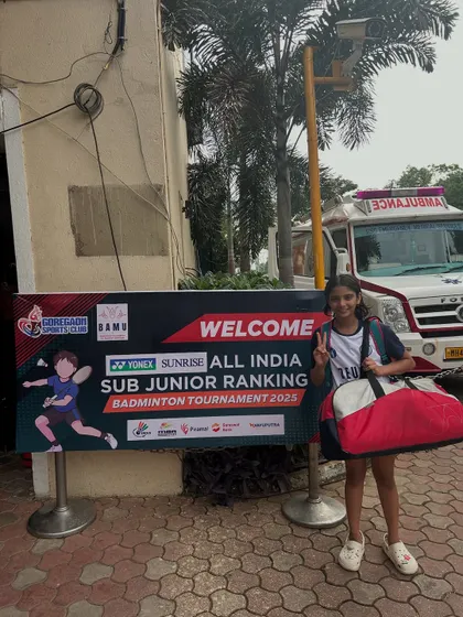 Anandita at the entrance of the All India Sub-Junior tournament in Mumbai, ready to compete against the country's best.