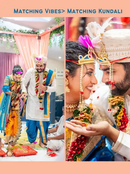 A fun and vibrant collage with the text "Matching Vibes > Matching Kundali". It captures the playful and joyful spirit of the couple during their Maharashtrian wedding rituals.