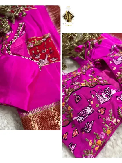 A vibrant pink blouse with colorful Parsi-style embroidery featuring birds and flowers. This is a great example of how we can incorporate different embroidery styles into our designs.