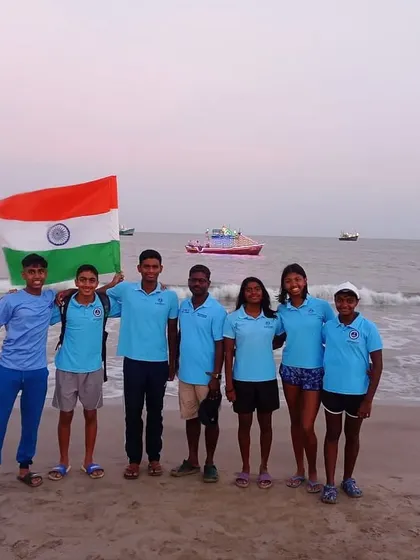 Our open water team at the Khelo India Beach Games in Daman & Diu, holding the Indian flag with pride.
