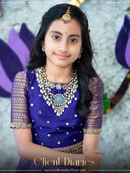 From our client diaries, a beautiful young client dressed in a custom-designed Sindhu Reddy creation. This royal blue ensemble features intricate Zari work and embellishments, perfect for grand occasions like weddings and sangeets.