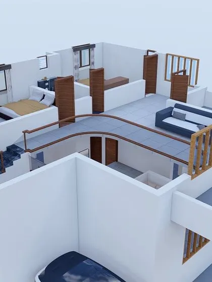 An angled 3D floor plan that reveals the multi-level design of a home, including the staircase and the relationship between the floors.
