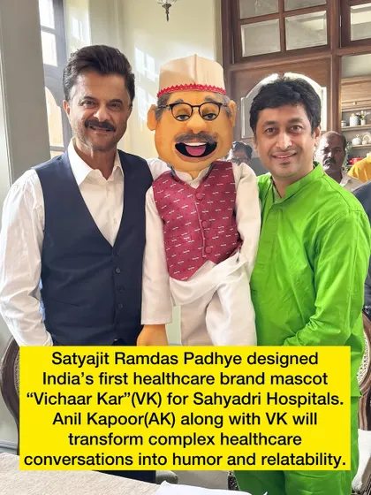 A clear shot of me, Anil Kapoor, and the Vichaar Kar puppet. The puppet was designed to have a friendly and knowledgeable persona, fitting for a healthcare mascot.