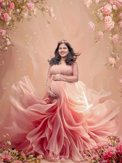 This is the fairytale moment every mother-to-be deserves. I use flowing fabrics, soft lighting, and floral arrangements to create truly magical maternity portraits like this one in my Kolhapur studio.