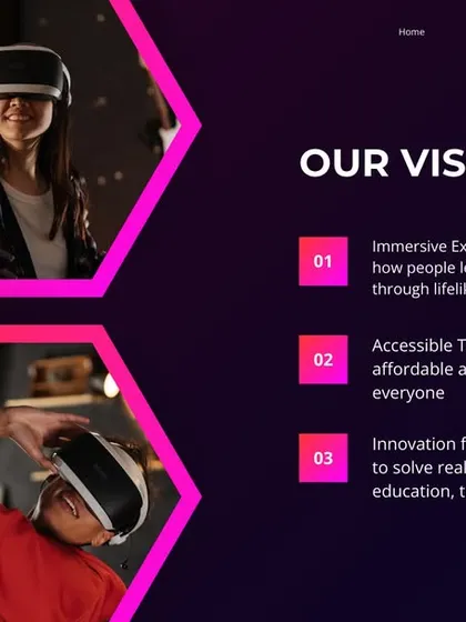 This slide details our vision for VR, which includes creating immersive experiences, making the technology accessible, and using it to solve real-world problems.