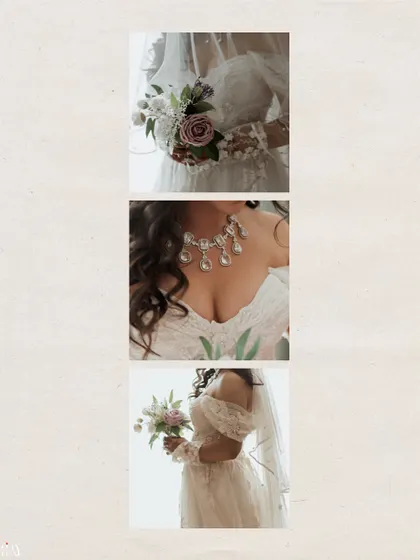 A collage of details from the Christian bride's attire, including her bouquet, necklace, and lace gloves.
