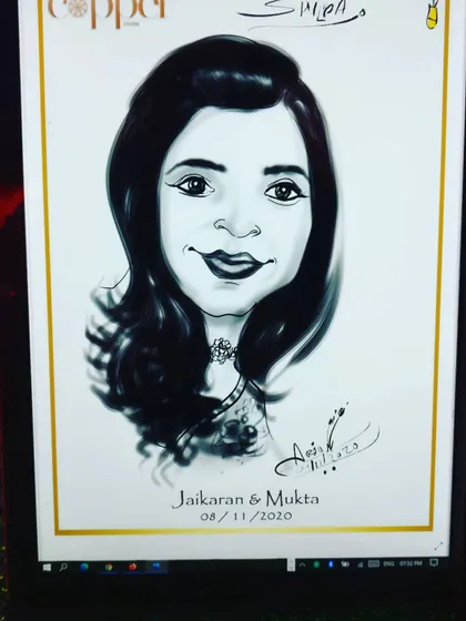 Here is a finished digital caricature from the wedding of Jaikaran and Mukta. I can add custom text like names and dates, making each drawing a personalized wedding favor.