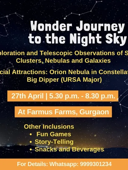 The flyer for a 'Wonder Journey to the Night Sky' event focused on star clusters, nebulas, and galaxies.