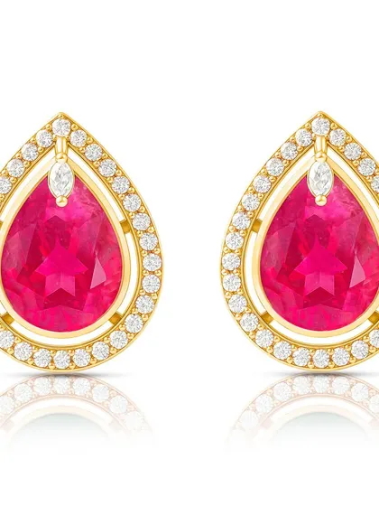 A close-up of the ruby and diamond earrings, showcasing the detail of the pave setting and the brilliance of the stones.