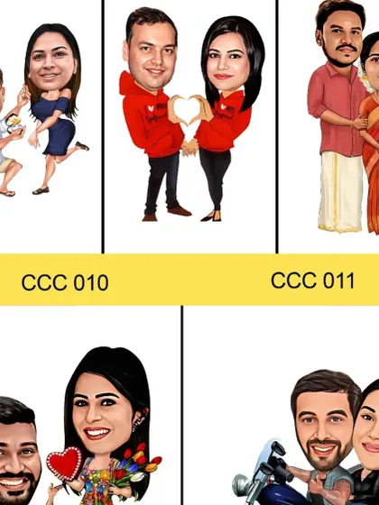 A collage showing the variety of caricature styles and poses I can create, from proposals to motorcycle rides.