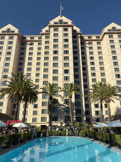The poolside view at the hotel in San Jose, California. Destination weddings are about the whole experience, including the beautiful settings where guests can relax between events.