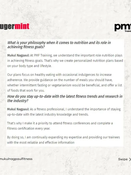 I had the pleasure of being interviewed by Sugermint India about my journey as a fitness expert and the founder of PMF Training. This carousel shares excerpts from our conversation.