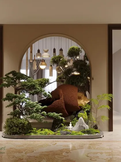 This grand entryway design features a statement faux tree and Vastu-aligned artifacts to create a welcoming and auspicious focal point. The arched niche and pendant lighting draw the eye, making a powerful first impression.