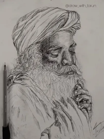The black and white version of my Sadhguru sketch, done with a ballpoint pen. The cross hatching technique is visible here, showing how I build up tone with lines.