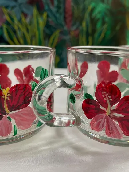 A close up of our hibiscus flower chai cups. The detail in each petal is painted by hand, making every cup a small piece of art.