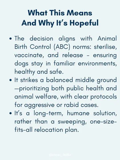 An explanation of why the Supreme Court's decision is hopeful. It aligns with Animal Birth Control (ABC) norms and provides a long term, humane solution for coexistence.