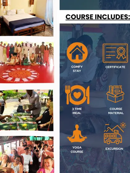 A collage showing the all-inclusive nature of our courses. It features our comfortable accommodation, group photos, traditional meals, and even a fun excursion on a bus.