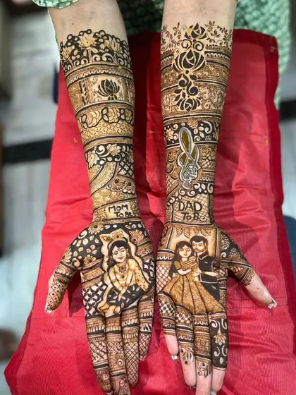 A baby shower or Godh Bharai is a beautiful milestone. I created this custom portrait mehendi for the happy couple, with 'Mom To Be' and 'Dad To Be' designs, along with cute baby elements to celebrate their journey into parenthood.