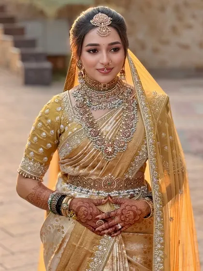 A royal ode to tradition for a beautiful South Indian bride. Draped in a heritage Shravan Kummar saree, her look is completed with intricate jewellery and makeup that radiates timeless elegance.