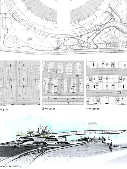 Conceptual sketches and parking layout details for different vehicle types.