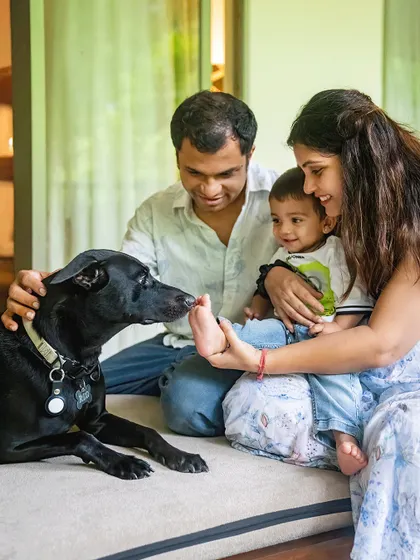 A full family portrait at home, with a mom, dad, and toddler sharing a sweet moment with their black indie dog.