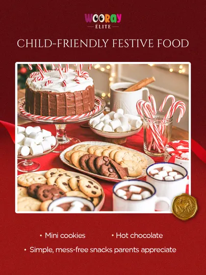 Even our festive food is child-friendly and thoughtfully prepared. For a December birthday, we can create a magical spread with treats like mini cookies and hot chocolate.