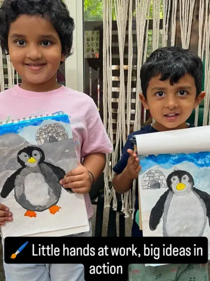 Little hands were hard at work creating these adorable penguin paintings. This project helped our young artists learn about shapes and color blending to bring their arctic scenes to life.