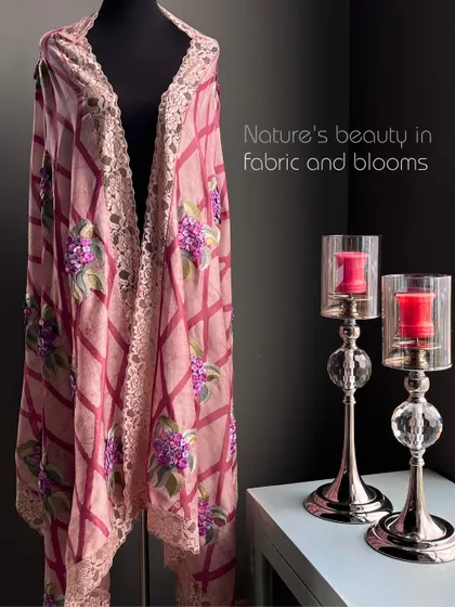 Nature's beauty in fabric and blooms. This hand-painted dupatta with a hydrangea motif is a testament to my profound gratitude for nature's boundless grace.