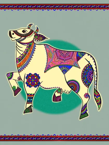 My digital tribute to the sacred Kamdhenu cow, decorated with Phulkari embroidery and mandala patterns in a soft cream color.
