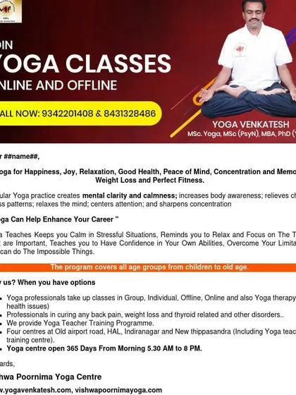 Here is a clear overview of why you should join my yoga classes. I offer both online and offline sessions for all age groups, with a focus on healing health issues and enhancing your career. My centers are open 365 days a year to fit your life.