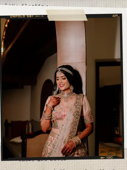 A vintage-style portrait of the bride from her Sangeet.