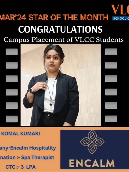 Komal Kumari has been placed as a Spa Therapist at Encalm Hospitality. This shows the diverse career paths our graduates can pursue, including roles in the luxury hospitality sector.