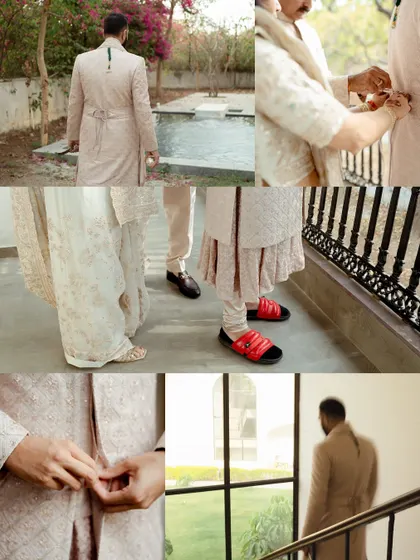 A collage showing the groom getting ready. From the details of his sherwani to a final look in the window, we document the anticipation and preparation for the big moment.
