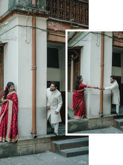 A collage showing a couple's first look moment. The sequence captures the anticipation and the sweet connection as they reach for each other's hands.