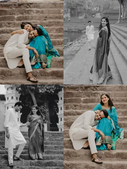A collection of four images from the Banganga shoot, showing a mix of color and monochrome portraits, seated and standing poses.