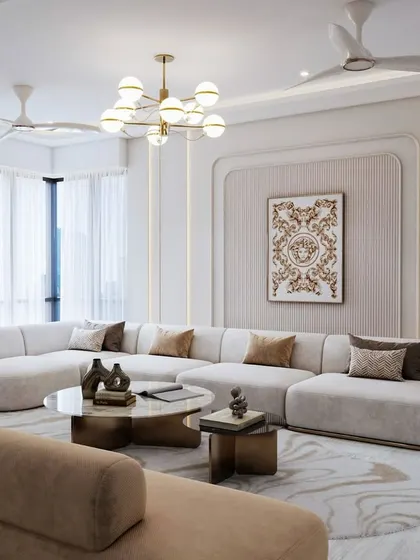 An overhead 3D view of the same living room, highlighting the layout, the abstract patterned rug, and the sophisticated, timeless atmosphere.